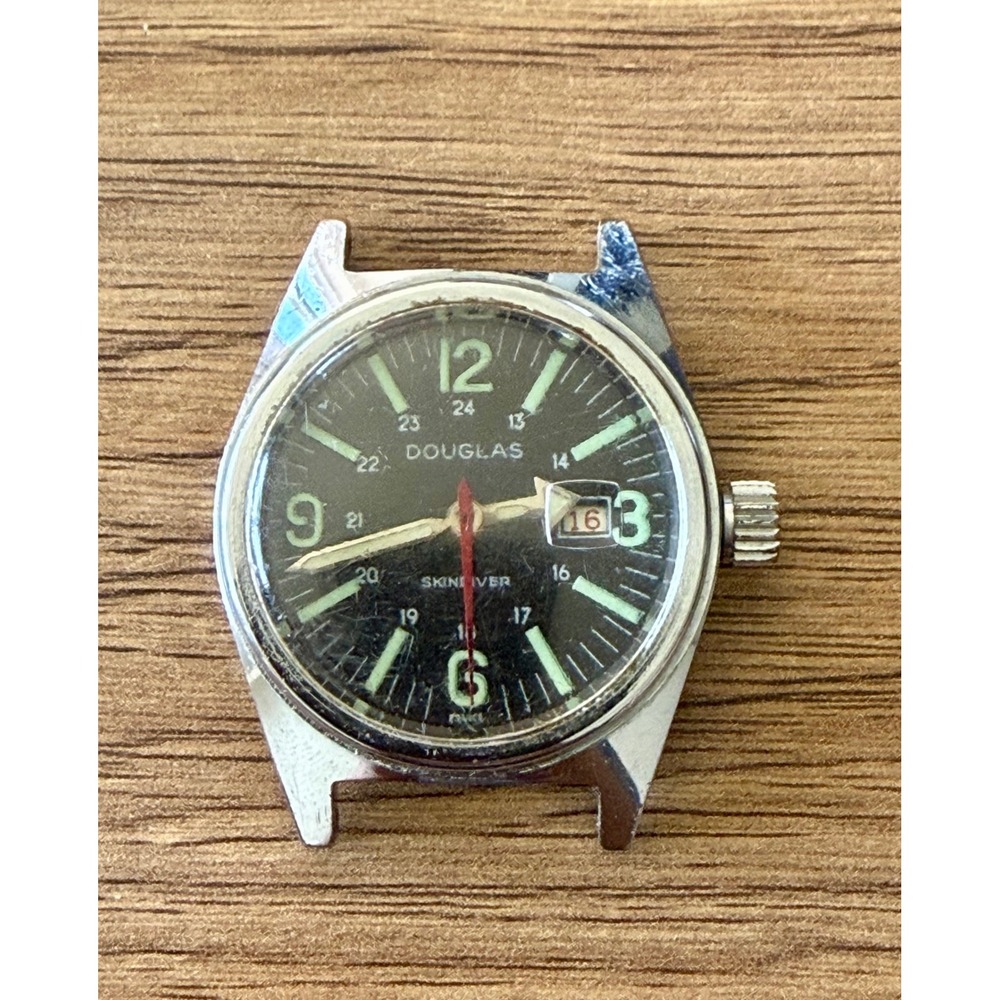 Vintage Douglas Skindiver Watch Head France Black Dial For Parts Repair